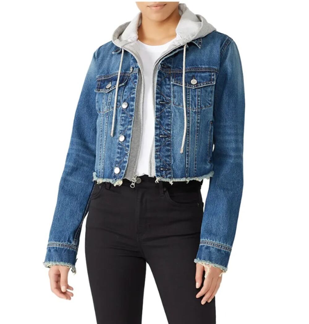 Veronica Beard Cara Cropped Layered Raw Hem Jean Denim Jacket Blue Large
